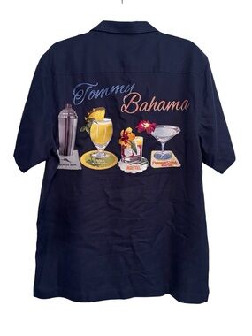 Tommy Bahama Marlin Bar Navy Blue Silk Embroidered Short Sleeve Camp Shirt